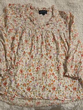 Cynthia Rowley Cream Floral Smocked Peasant Top with Red Orange Lavender Accents